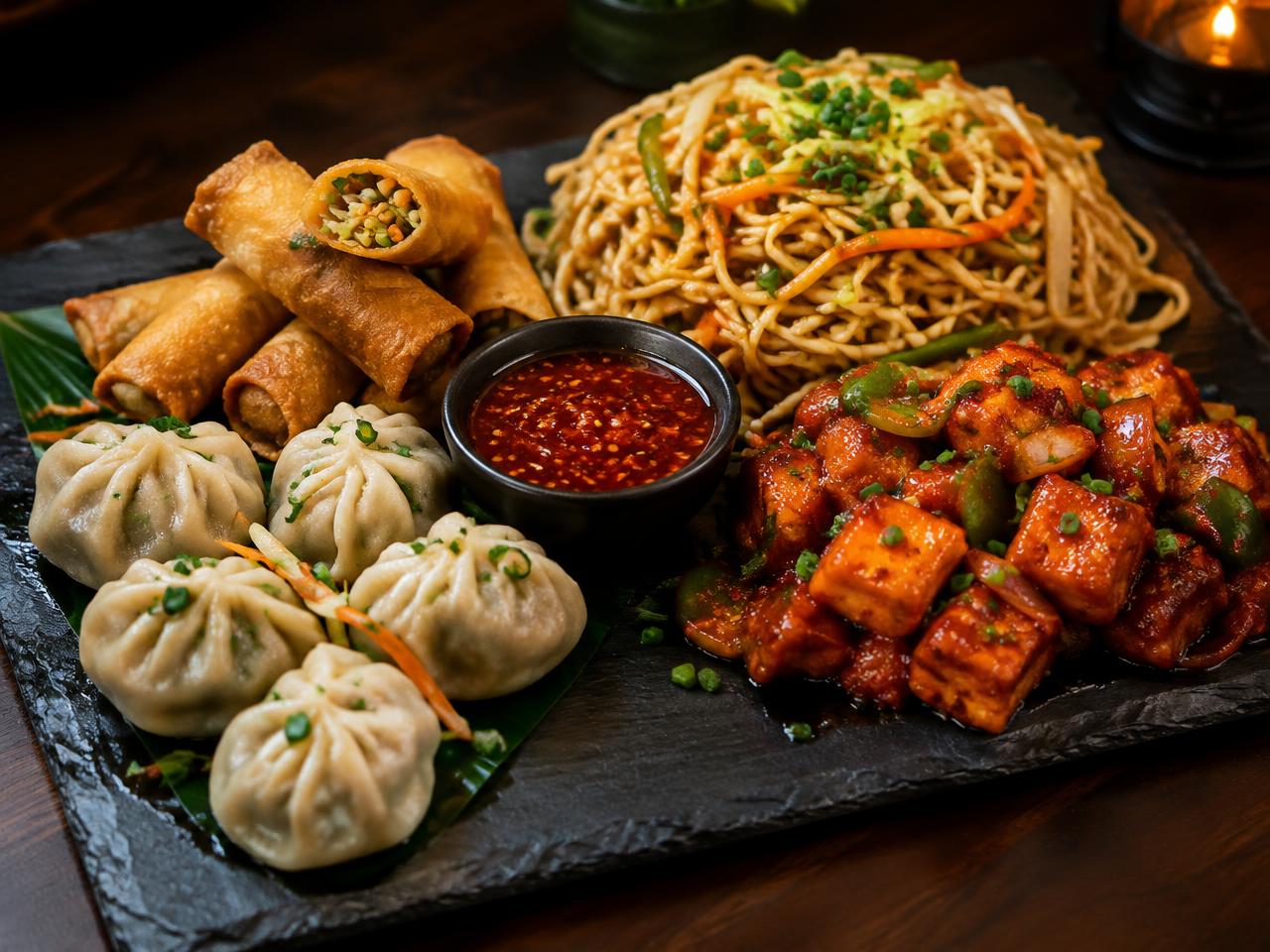 Indo-Chinese vegetarian snacks platter