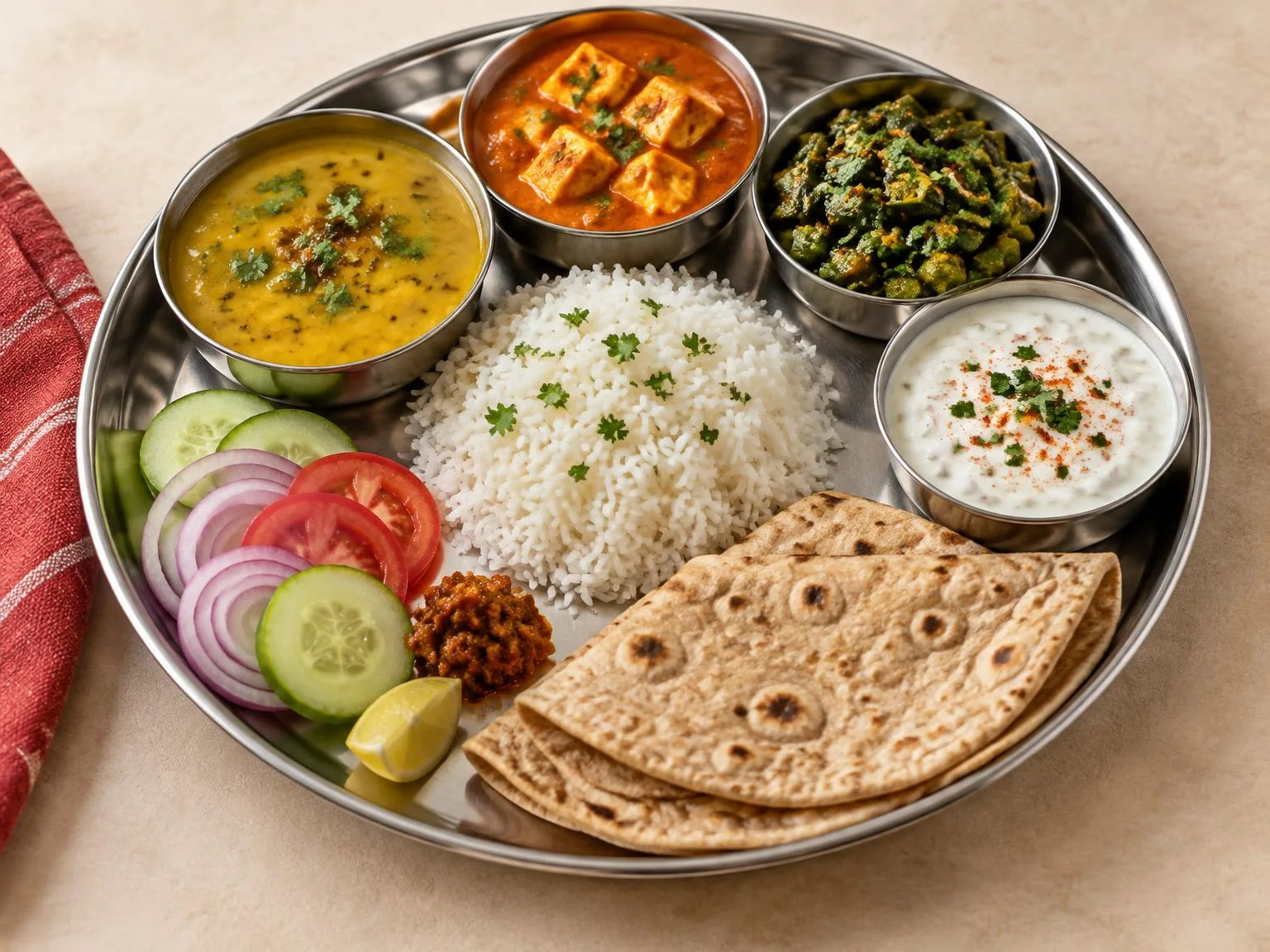 Fresh North Indian vegetarian thali with dal, paneer, rice, roti, raita and salad